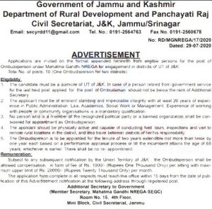 Rural Development and Panchayati Raj Jobs Recruitment jkupdates J&K Dept. of Rural Development and Panchayati Raj Recruitment 2020